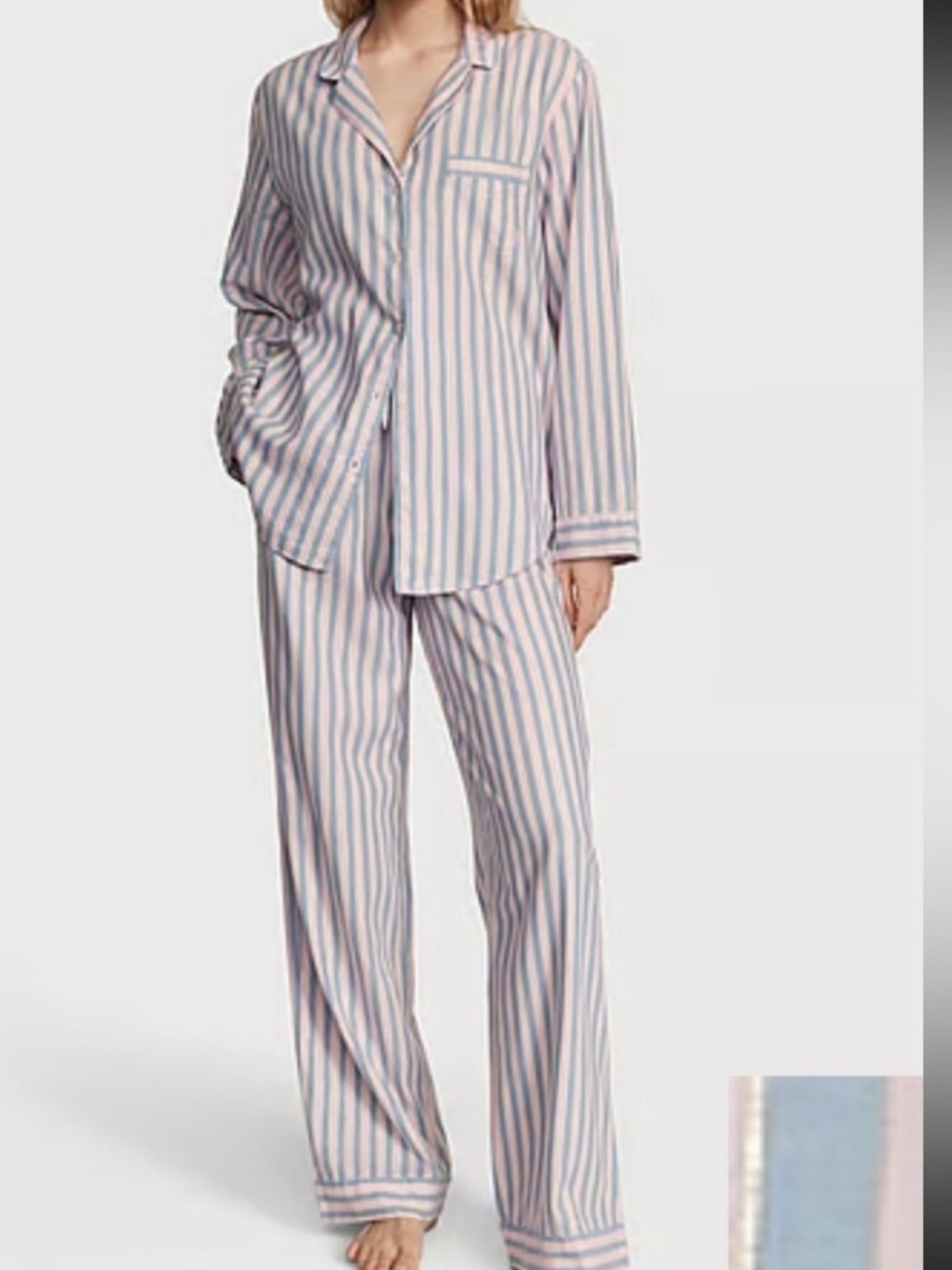 Victoria’s Secret pink blue stripe long sleeve flannel pajama set small short